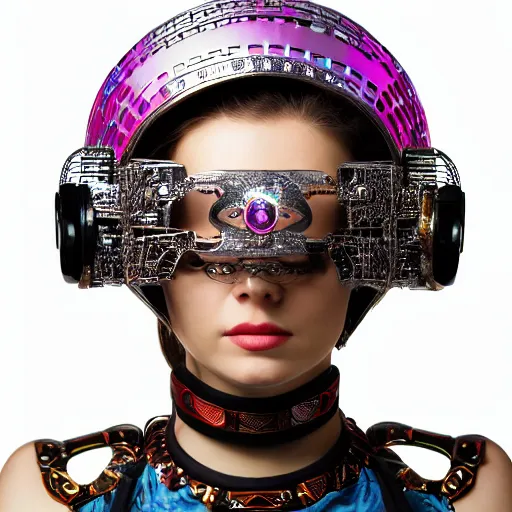 Image similar to centered fine studio photograph of a young woman wearing a futuristic cyberpunk Mayan helmet made of crystal and bright lights, chest and face, photorealistic, white background, 8k HDR, low angle, intricate