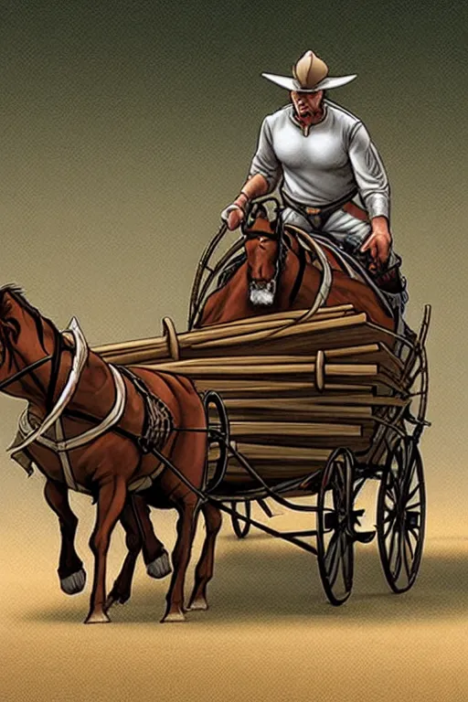 Image similar to a ( ( ( ( ( ( ( ( knight ) ) ) ) ) ) ) ) riding a wagon!!!!!!!!!!!!!! by greg darrow and greg rutowski, muted colors, detailed