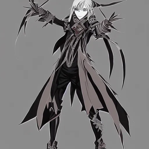 Image similar to highly detailed character design of an antagonist from a light novel, an epic character design, defensive pose