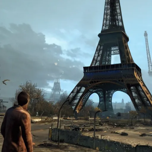 Prompt: a destroyed eiffel tower with paris in ruins post - nuclear war in fallout 4, in game screenshot