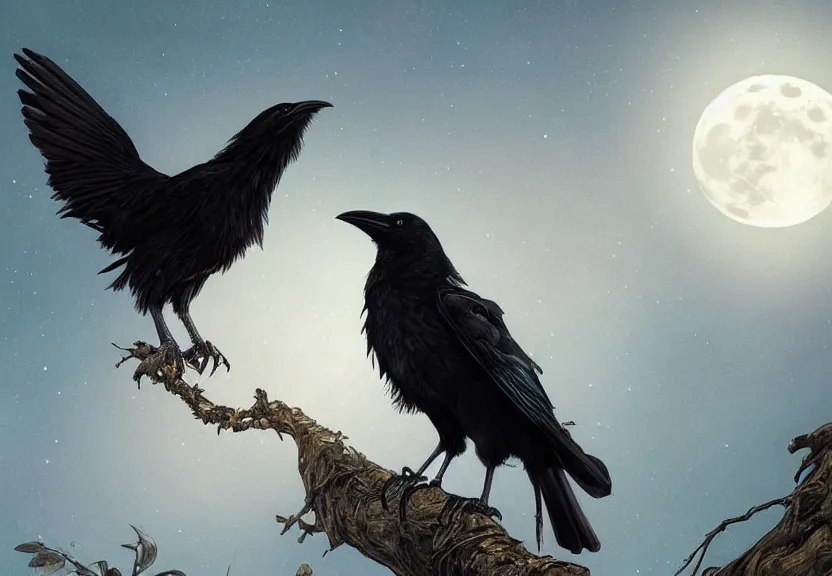 Image similar to crow on tree in front of the full big moon, highly detailed, digital painting, artstation, concept art, smooth, sharp focus, illustration, Unreal Engine 5, 8K, art by artgerm and greg rutkowski and alphonse mucha