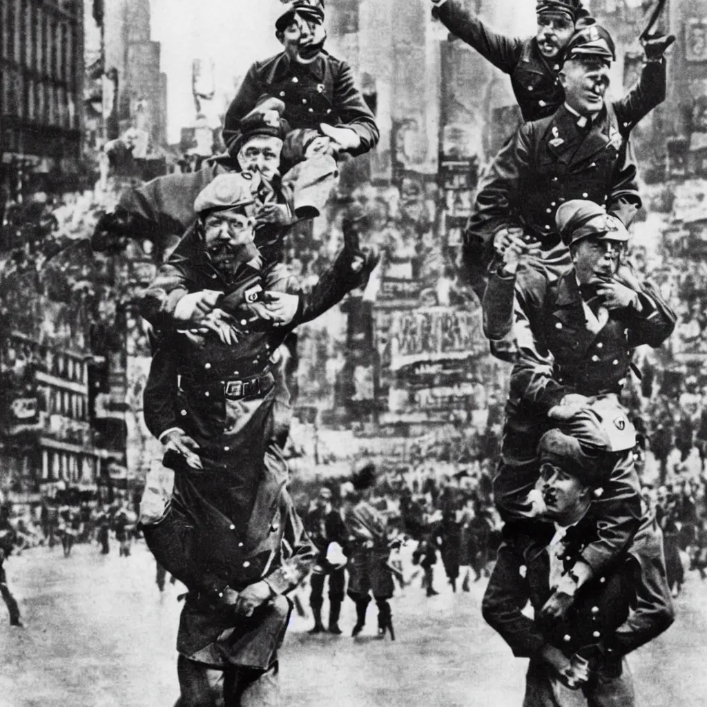 Image similar to adolf hitler riding joseph stalin piggyback on the Times Square