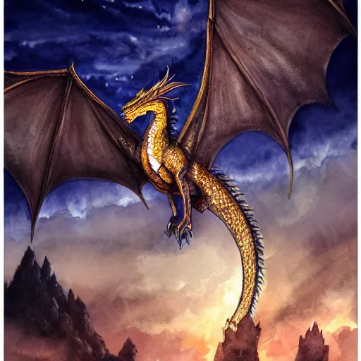 Image similar to a majestic , magnificent dragon flying over a medieval castle under a dark starred sky, dark fantasy, watercolor, dreaming illusion, highly detailed, 4k, trending on Artstation, award-winning