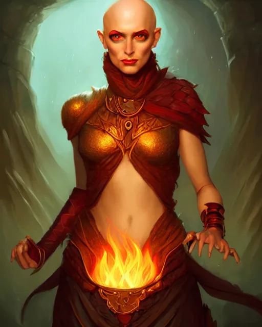 Prompt: Human :: Sorceress, pretty, beautiful, DnD character art portrait, bald, fire magic, fire patterned skin, matte fantasy painting, DeviantArt Artstation, by Jason Felix by Steve Argyle by Tyler Jacobson by Peter Mohrbacher, cinematic lighting.