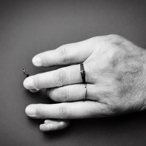 Image similar to normal man's hand with five fingers and a ring and a cigarette between the fingers