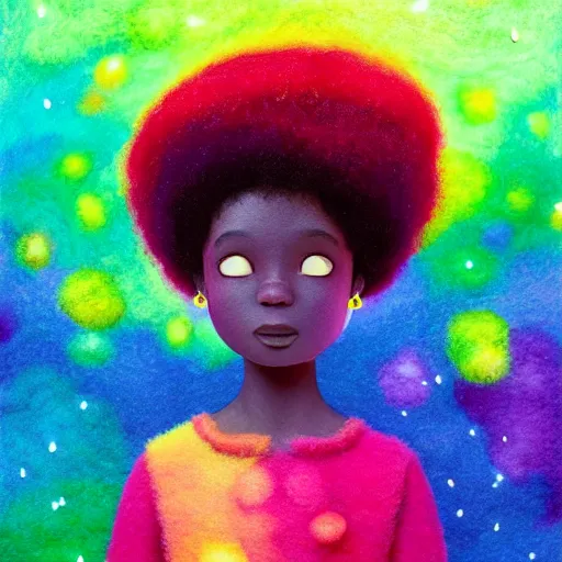 Image similar to a black girl with a colorful afro in a candy forest! at night, bokeh, bright colours, watercolor, volumetric wool felting, macro photography, children illustration, by goro fujita