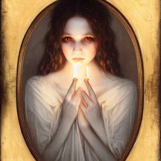 Prompt: pale young ghost girl, dark hair, by tom bagshaw, by gaston bussiere, candlelight