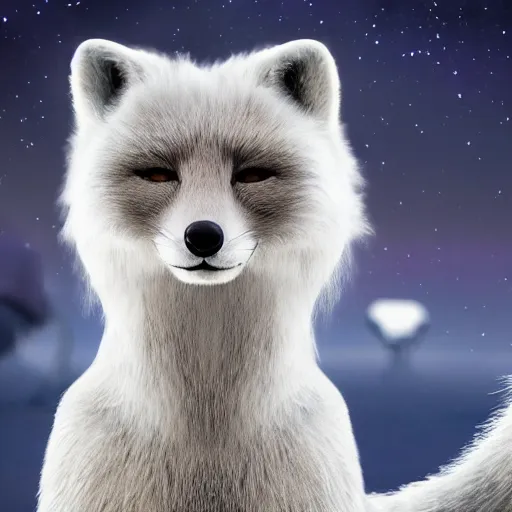 Image similar to studio quality advertising photo depicting an anthropomorphic arctic fox furry as a character in Final Fantasy
