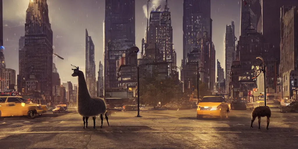 Image similar to a llama walking through a desolate manhattan city street at night, statue of liberty seen in the background, realistic 4 k octane beautifully detailed render, 4 k post - processing, highly detailed, intricate complexity, epic composition, magical atmosphere, cinematic lighting, masterpiece, ultra hd