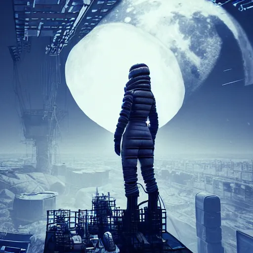 Image similar to Сyberpunk style portrait in a crowded city on Moon, Neo Norilsk, sci-fi, fantasy, intricate, very very beautiful, elegant, highly detailed, smooth, Unreal Engine 5, sharp focus, by Marat Zakirov, by Beeple, trending on Behance
