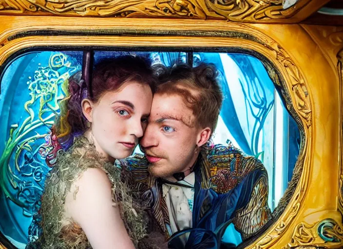 Image similar to incredibly beautiful breathtakingly detailed colour art nouveau photograph double portrait of an amazingly cool odd characterful couple sat down, in the inside of the beautiful underwater train to atlantis, full of crowds of people sat down wearing unusual clothes, each individual face amazingly detailed with lifelike expressions, ultra wide angle, 4 k