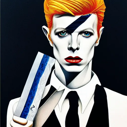 Prompt: the thin white duke holding a Bowie knife james jean masterpiece