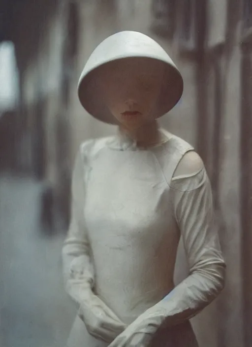 Prompt: medieval helm, motion blur!!, out of focus!! photorealistic portrait of a beautiful pale woman by saul leiter, translucent white skin, closed eyes, foggy, pale lips