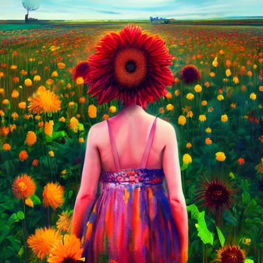 Image similar to giant dahlia flower as head, full body girl standing in a flower field, surreal photography, sunrise, dramatic light, impressionist painting, colorful clouds, digital painting, artstation, simon stalenhag