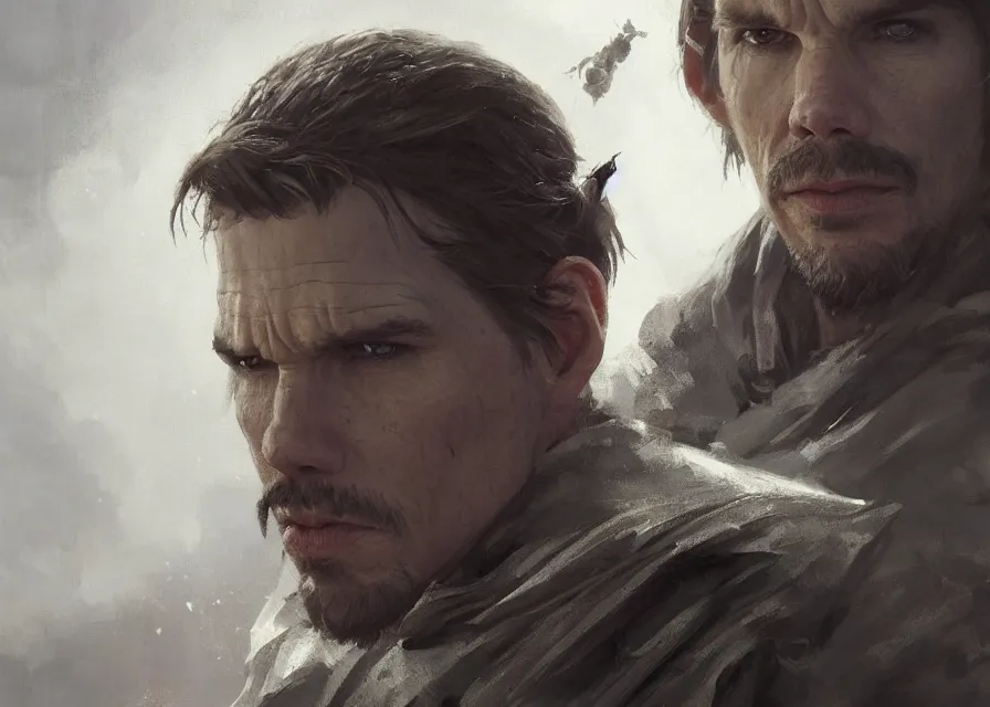 Image similar to painting portrait of Ethan Hawke dressed as lord in Star Wars, sharp focus, waist up, trending on ArtStation, masterpiece, by Greg Rutkowski, by Ross Tran, by Fenghua Zhong, octane, clear eyes, soft render, clear facial features, oil on canvas, moody lighting, cinematic, professional environment concept art