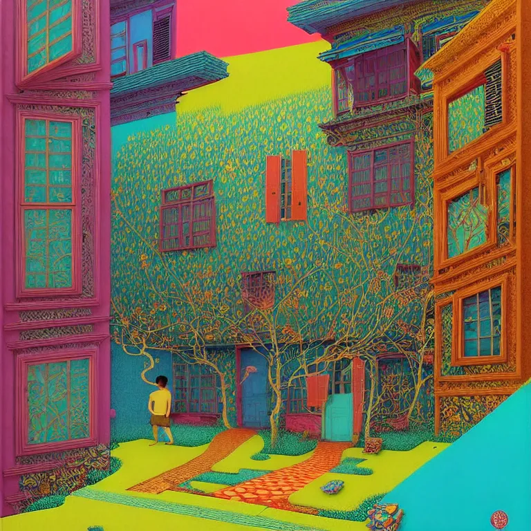 Image similar to surreal glimpse into other universe, peranakan house, summer morning, very coherent and colorful high contrast, art by!!!! gediminas pranckevicius!!!!, geof darrow, floralpunk screen printing woodblock, dark shadows, hard lighting, stipple brush technique,