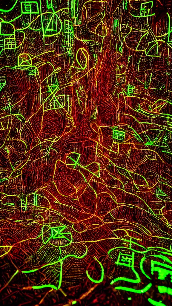 Image similar to macro photography of the giant psychedelic cyberpunk cabin, fibre optics, reactor circuits, forest, cool dark tones of a rune temple