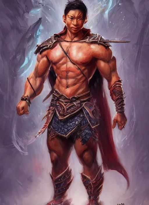 Image similar to muscly asian man mid parted hair, dndbeyond, bright, colourful, realistic, dnd character portrait, full body, pathfinder, pinterest, art by ralph horsley, dnd, rpg, lotr game design fanart by concept art, behance hd, artstation, deviantart, hdr render in unreal engine 5