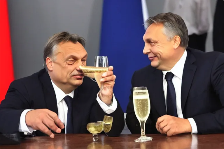 Prompt: viktor orban drinking champagne with putin in front a burning city