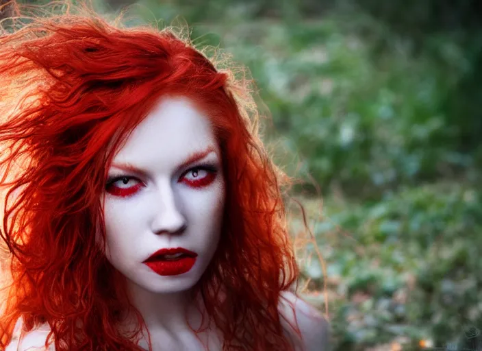 Image similar to award winning 5 5 mm close up face portrait photo of an anesthetic redhead woman with blood - red wavy hair, intricate eyes that look like stars, and fangs, in a park by luis royo