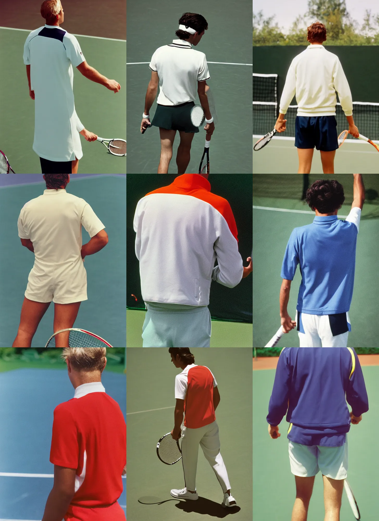 Prompt: A man, tennis wear,; on the tennis coat, summer; 90's professional color photograph, close up, view from behind,