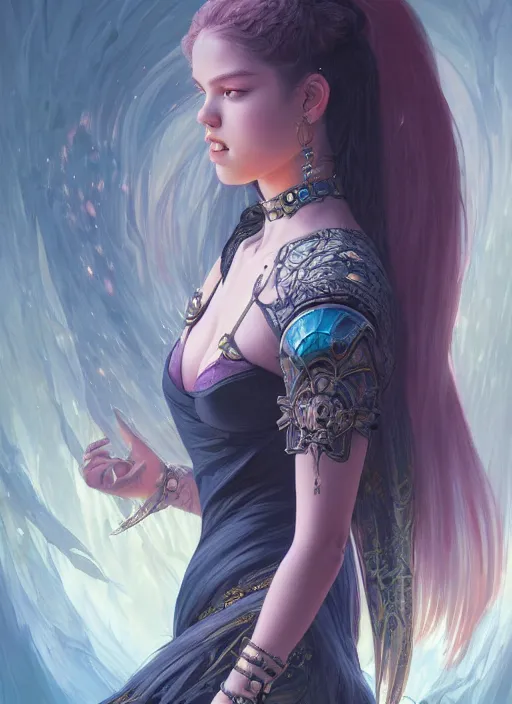 Image similar to jossi of blackpink, deep focus, tarot card, fantasy, intricate, elegant, highly detailed, digital painting, artstation, concept art, matte, sharp focus, illustration, hearthstone, art by artgerm and greg rutkowski and alphonse mucha