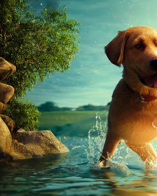 Prompt: dog swimming in the river, hyper realism, cinematic, volumetric lighting, dramatic ambient lighting, epic composition, high detail, octane render, unreal engine, 8 k, professional photo, photorealistic, intricate complexity, extremely detailed,