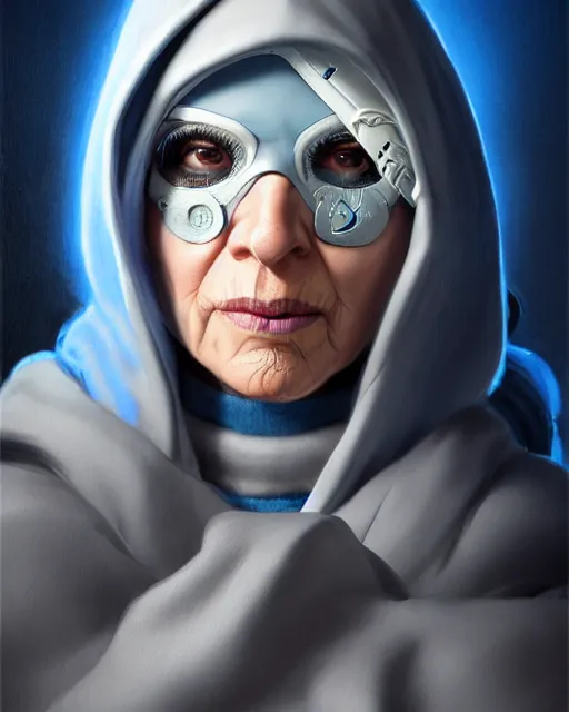 Image similar to ana from overwatch, eye patch, older woman, gray hair, blue hooded cloak, character portrait, portrait, close up, highly detailed, intricate detail, amazing detail, sharp focus, vintage fantasy art, vintage sci - fi art, radiant light, caustics, by boris vallejo