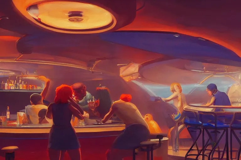 Image similar to a space station bar in jupiter with humans and aliens interacting and drinking, artstation, concept art by edward hopper, colorful lighting