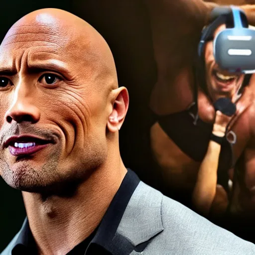Prompt: dwayne the rock johnson with a vr headset