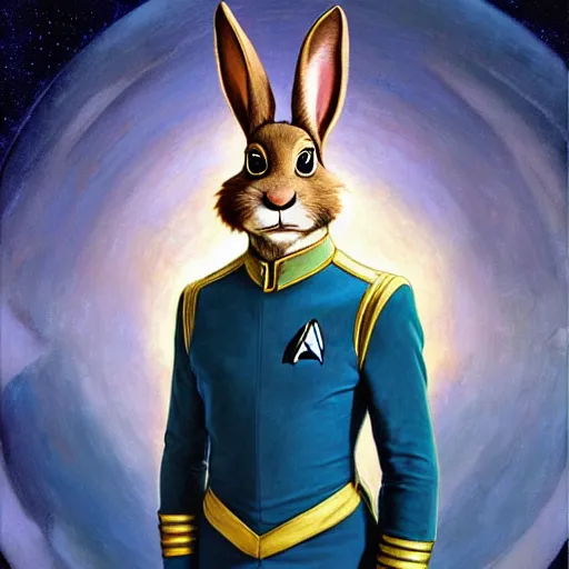 Prompt: a portrait of a rabbit in a starfleet uniform star trek chief engineer. zootopia fursona furaffinity furry art detailed face highly detailed painting by gaston bussiere craig mullins jc leyendecker gustav klimt artgerm greg rutkowski furry