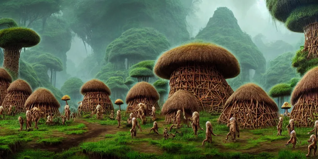 Prompt: a jungle village of albino gorillas and their mushroom huts, matte oil painting, retrofuturistic, science fantasy, salt, rust, mutant, lgbt, queer, rpg, epic, dungeons & dragons, sacred, sharp focus, award - winning, extremely detailed, 4 k, 8 k