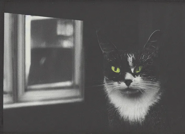 Prompt: photography polaroid of a Jack Cat . watching outside the window. on a bed. in a 70's room full of vinyls and posters, photorealistic, award winning photo, 100mm, sharp, high res