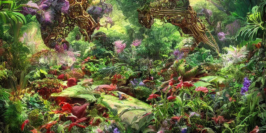 Prompt: gardens from mars, exquisite plants, exotic animals, digital art trending on artstation