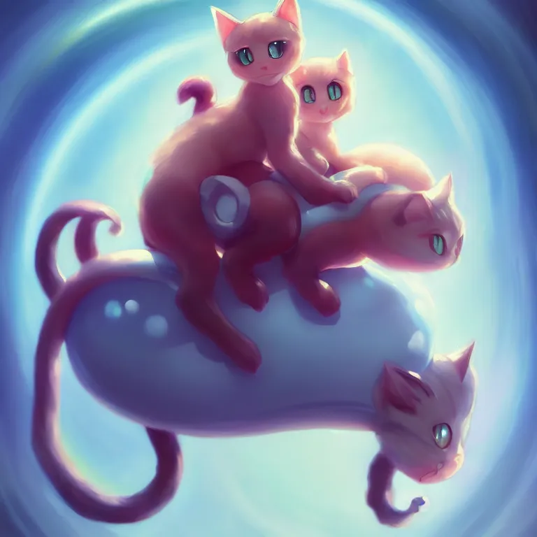 Image similar to cinematic portrait of cute Mew riding large blue bubble, oil on canvas, masterpiece, trending on artstation, featured on pixiv, cinematic composition, dramatic pose, beautiful lighting, sharp, details, hyper-detailed, HD, HDR, 4K, 8K