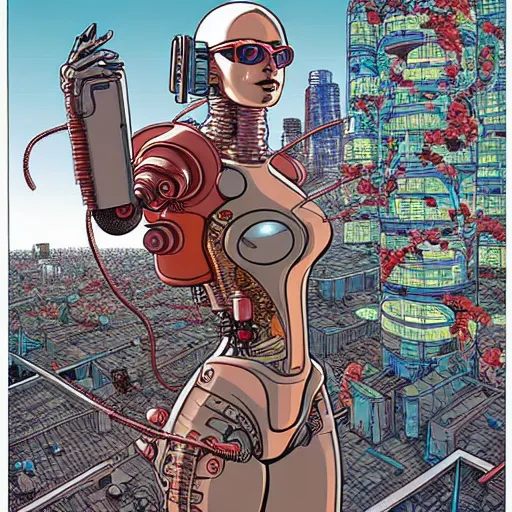 Image similar to a beautiful highly detailed futuristic mechanical lady, cyberpunk rooftop on jupiter, filled with people,, art by geof darrow,