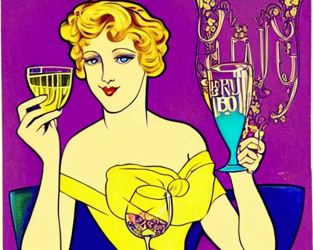 Prompt: art nouveau, blonde woman, a glass of champagne, cheerful, bright, clear colors, belle epoque