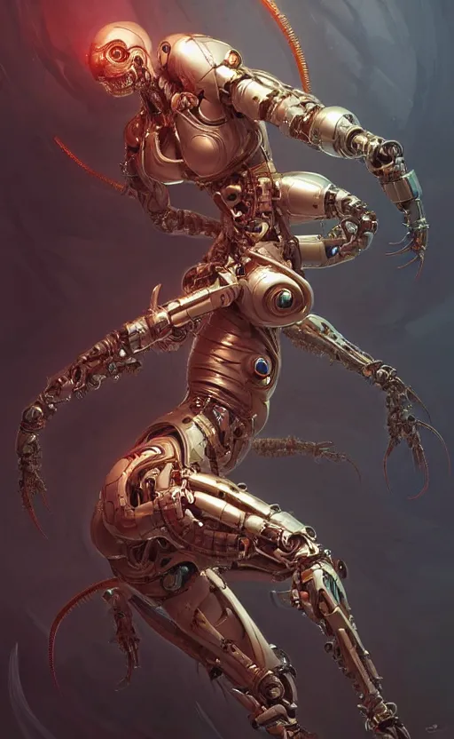 Prompt: Cyborg biomechanical scorpion female, sci-fi, highly detailed, digital painting, artstation, concept art, smooth, sharp focus, illustration, art by artgerm and greg rutkowski and alphonse mucha