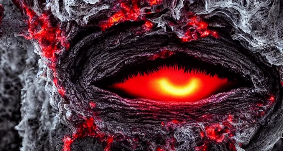 Image similar to a volcano made of ivory vines and crimson rocks enters in eruption, it spits a smoke in the shape of demonic eye, from Starcraft