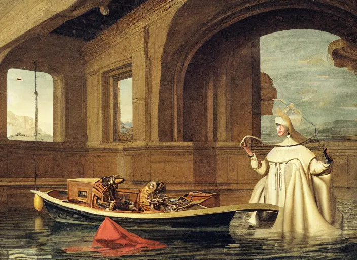 Prompt: a portrait of a robot sitting in a small boat fishing in a renaissance castle room flooded with water,