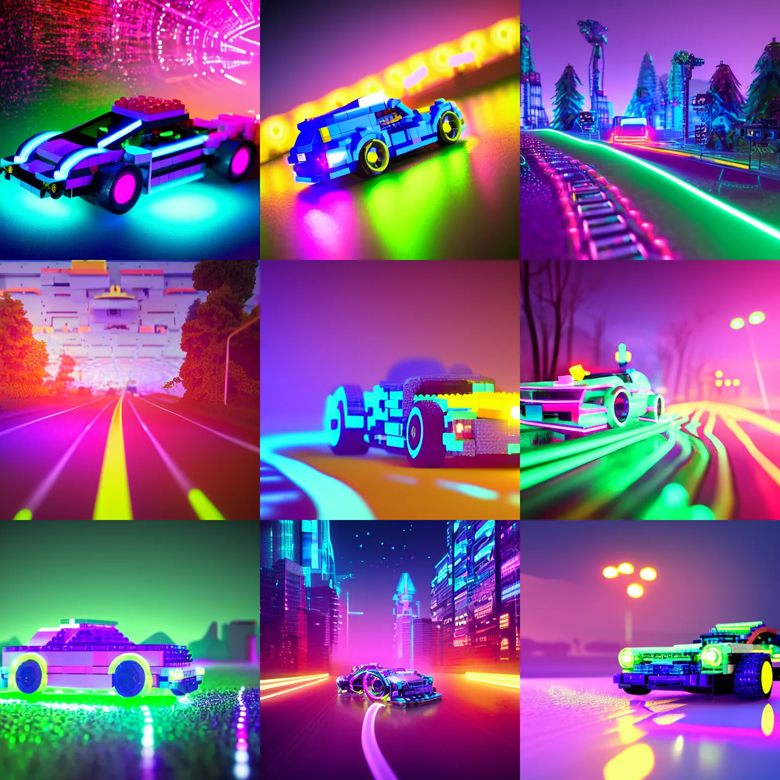 Prompt: luminescent lego car driving on a neon road into the distance with glowing cyberpunk signs leaving long glowing trails, dark magical forest, synthwave, octane render, purple fog, futuristic, sunset, purple rays, reflective mirror puddles, beautiful lighting, ultra realistic, highly detailed, 8 k