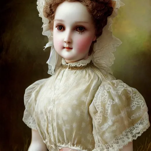 Image similar to a beautiful antique porcelain doll wearing lace painted by Edmund Blair Leighton and Charlie Bowater