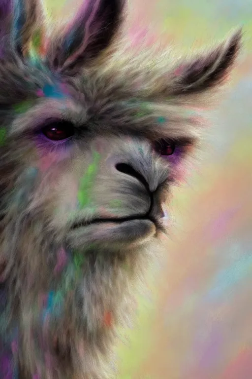 Image similar to Highly detailed anime mixed with pastel impasto, wild fluffy llama portrait, studio Ghibli, Makoto Shinkai,