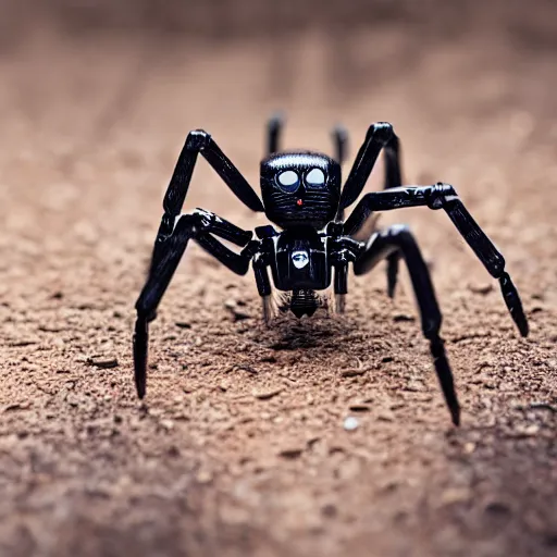 Image similar to small Robot spider wielding a big chainsaw, 40nm lens, wide angle, shallow depth of field, 4k,