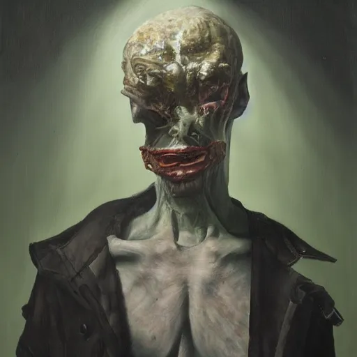 Image similar to oil painting by christian rex van minnen of a portrait of an extremely bizarre disturbing mutated man with intense chiaroscuro lighting perfect composition