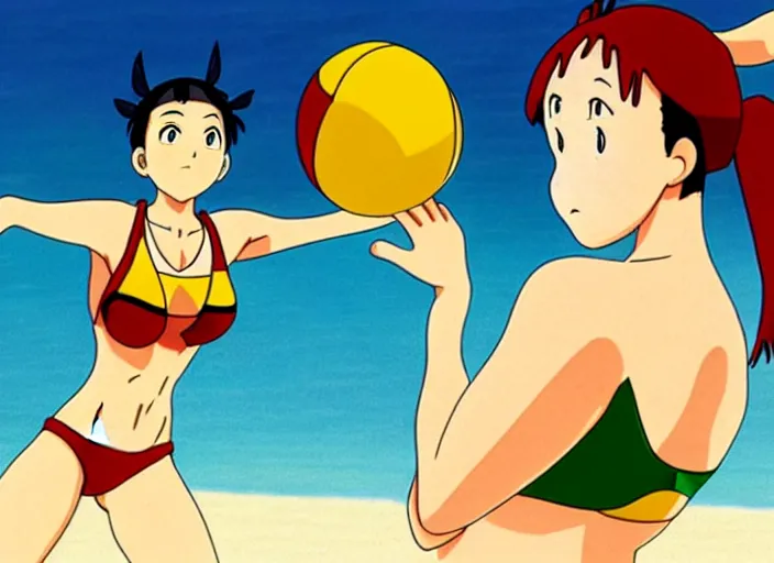 Image similar to an animation still of beautiful bikini volleyball player, in the style of studio ghibli, netflix animation, toei animation, filmation animation, traditional animation, sharp detail, animation cel