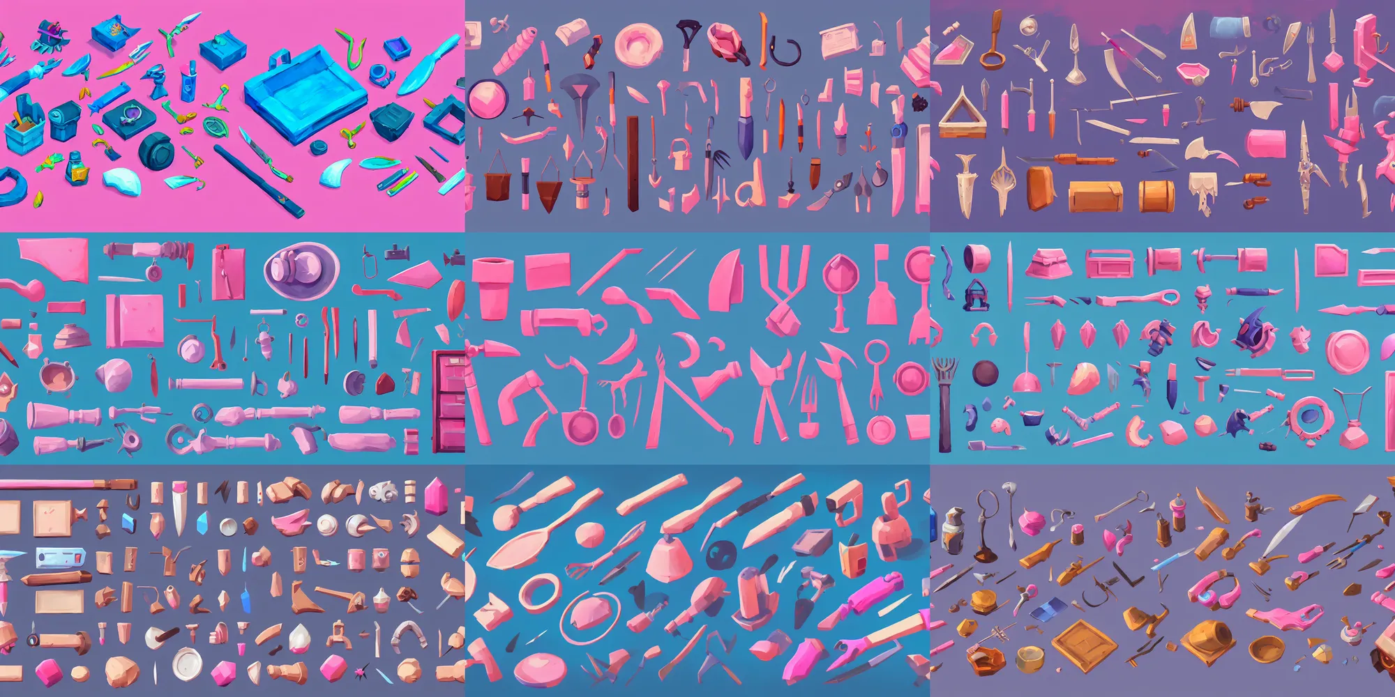 Prompt: game asset of office utensils and item, in gouache detailed paintings, props, stylized, 2 d sprites, kitbash, arcane, overwatch, blue and pink color scheme, 8 k, close up