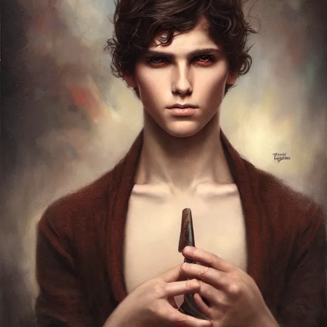 Prompt: a portrait of an intense young man with short brown hair and empathic eyes, art by tom bagshaw and manuel sanjulian