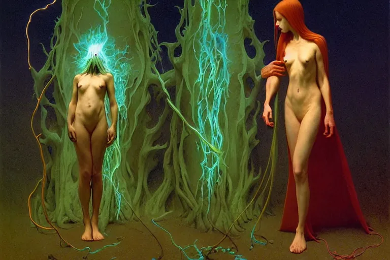 Image similar to the female arcanist and the male artificer by zacharias aagaard and albert bierstadt and gerald brom and zdzisław beksinski and james gilleard and wayne barlowe and marc simonetti, beautiful, flesh robes, highly detailed, hyperrealistic, intricate, energy, electricity, blue flame, low light, green crystal, high contrast, submission