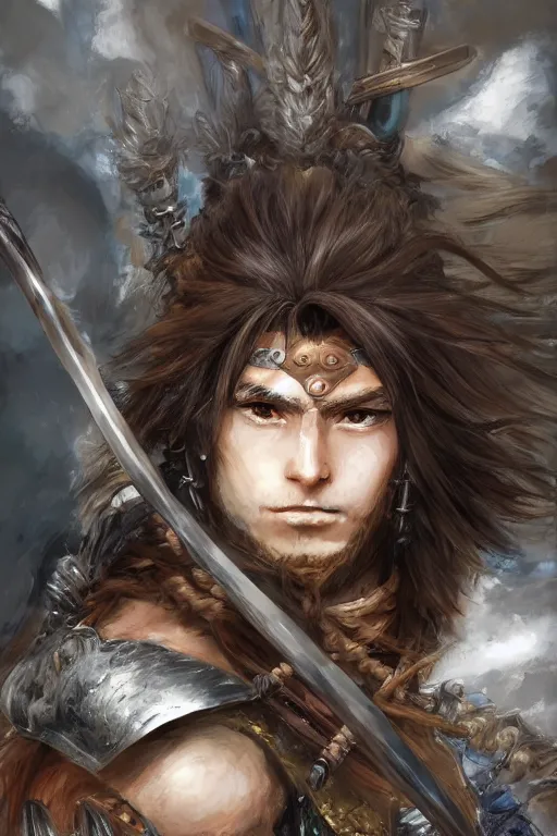 Prompt: A realistic anime portrait of a young handsome male barbarian with long wild hair, intricate fantasy spear, plated armor, D&D, dungeons and dragons, tabletop role playing game, rpg, jrpg, digital painting, by Yoshitaka Amano and Ayami Kojima, digtial painting, trending on ArtStation, SFW version